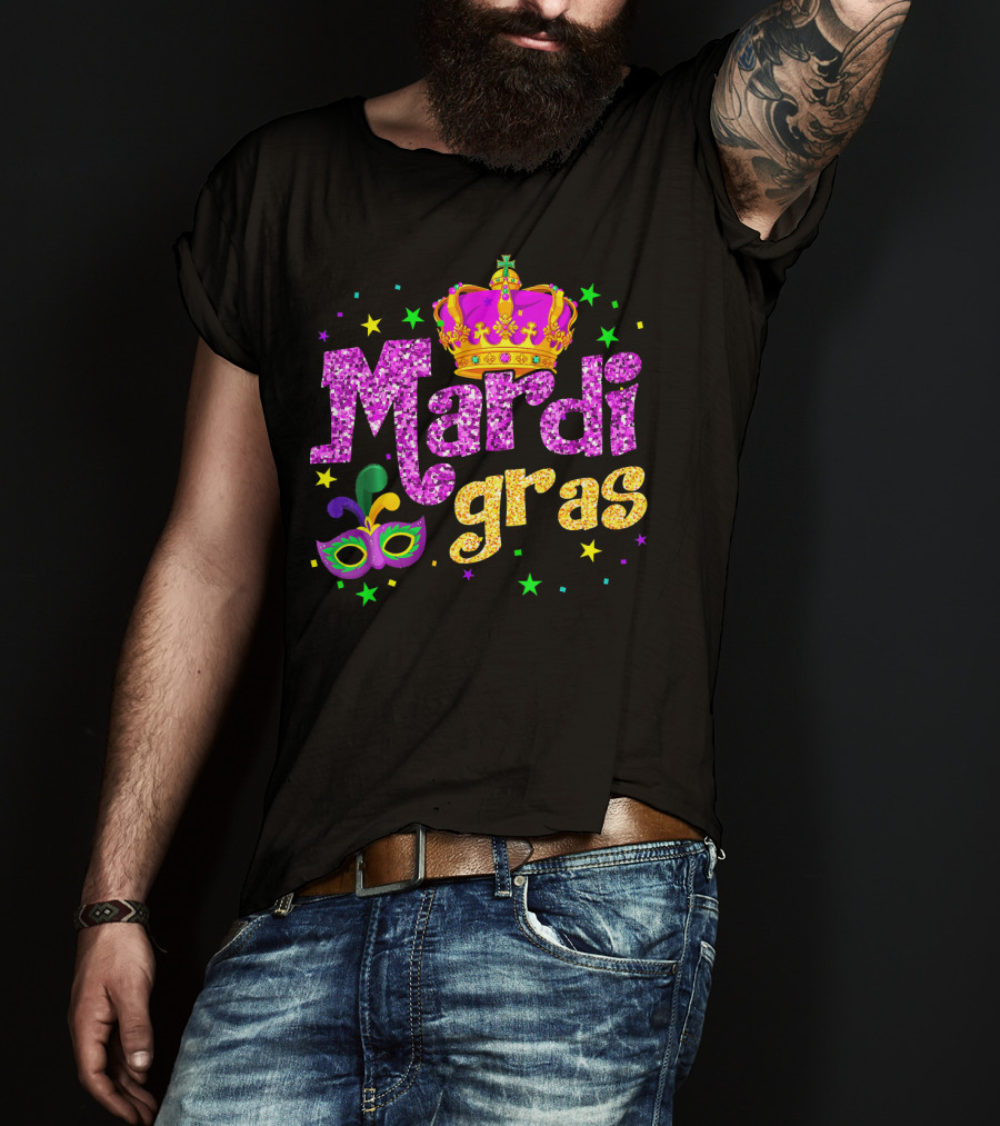 Mardi Gras Crown Glitter Mask Stars T-Shirt