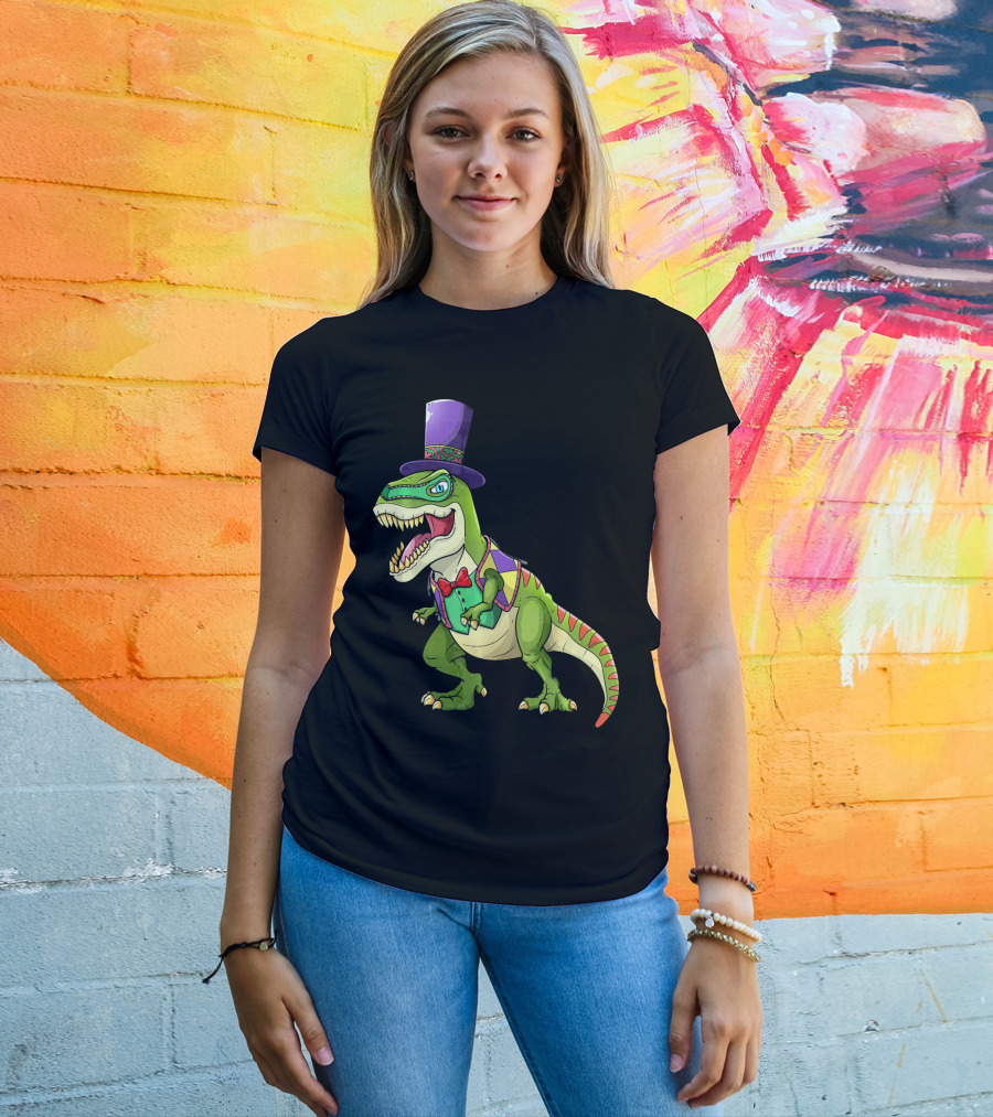Mardi Gras Dinosaur Wearing Top Hat And Bow Tie T-Shirt