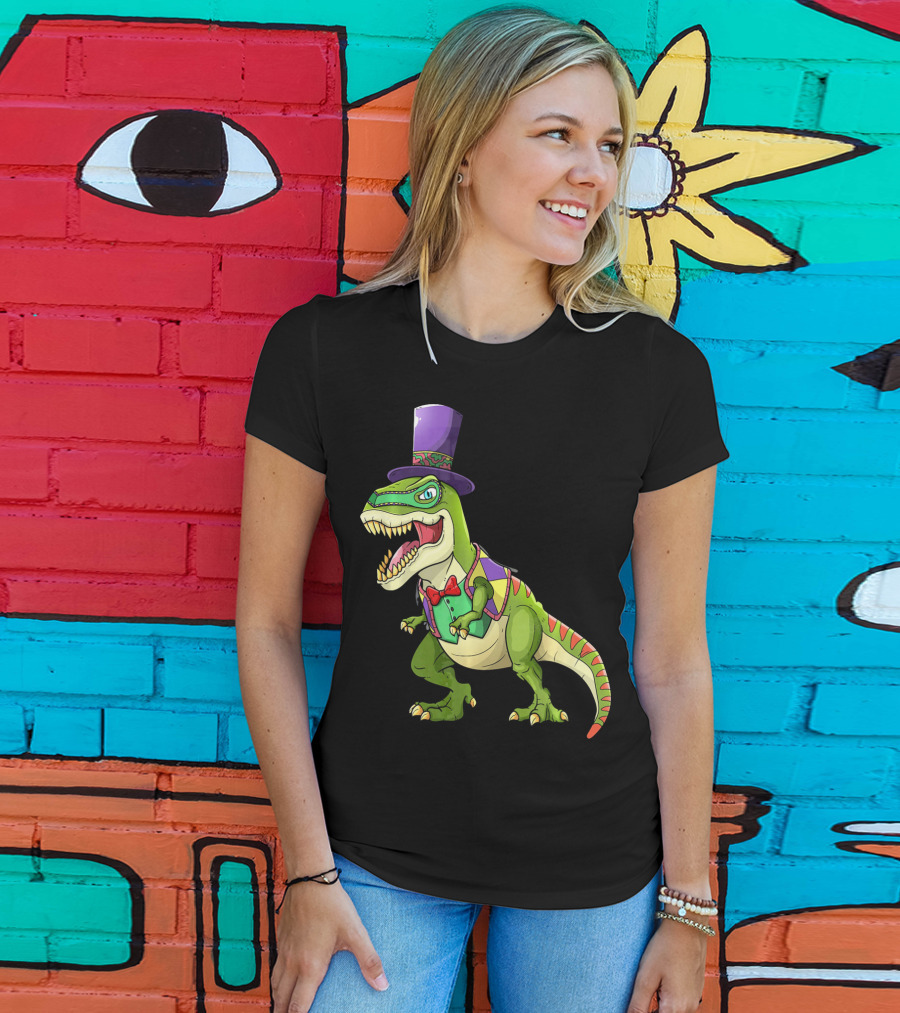 Mardi Gras Dinosaur Wearing Top Hat And Bow Tie T-Shirt