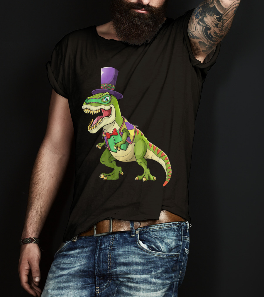 Mardi Gras Dinosaur Wearing Top Hat And Bow Tie T-Shirt