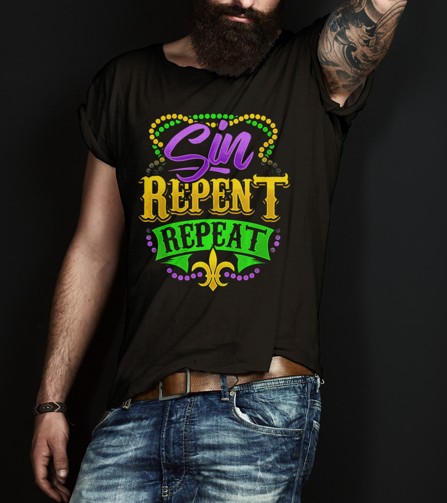 Mardi Gras Sin Repent Repeat Fleur De Lis Beads T-Shirt