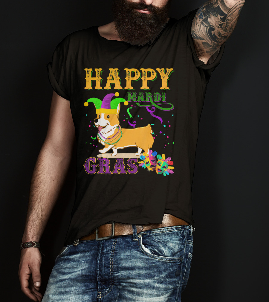 Happy Mardi Gras Welsh Corgi Costume Party T-Shirt