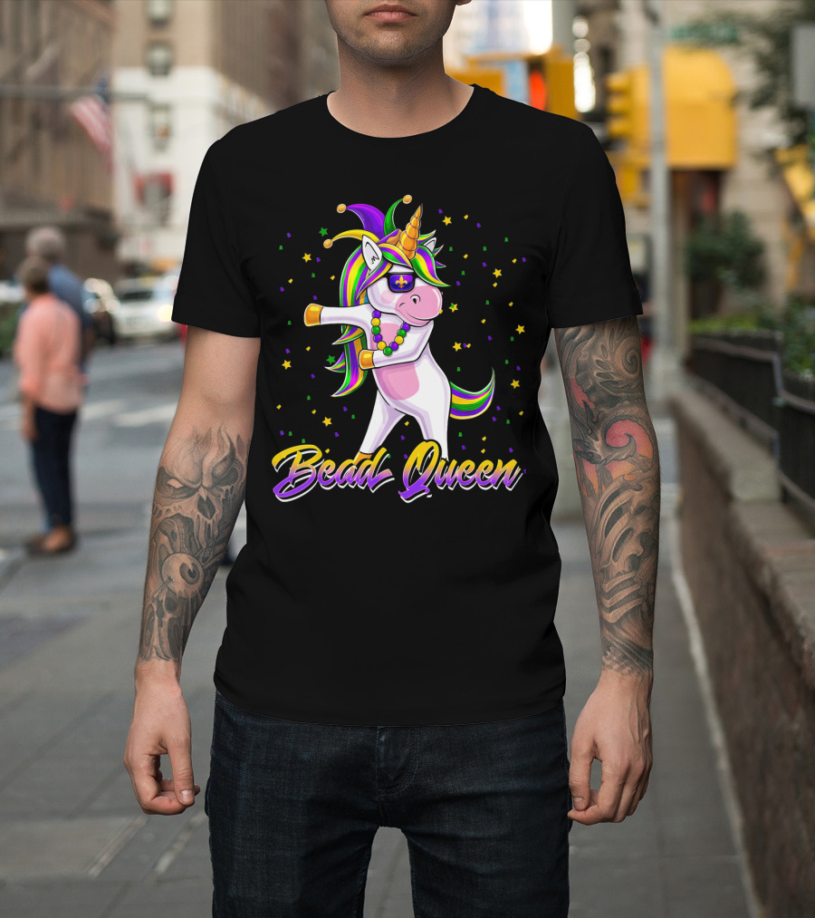 Bead Queen Mardi Gras Unicorn with Floss Dance and Jester Hat T-Shirt