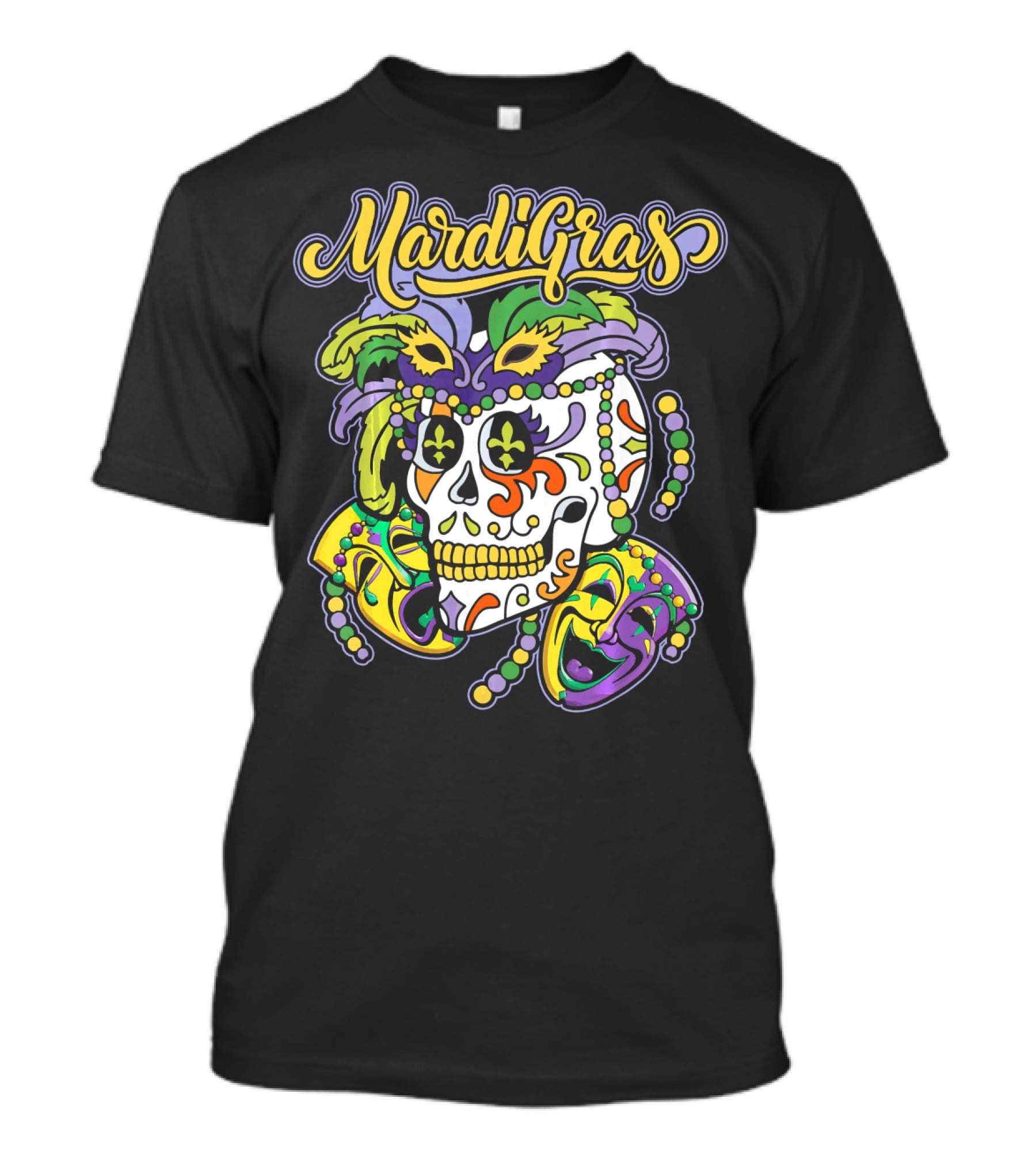 Mardi Gras Sugar Skull With Beads And Mask T-Shirt