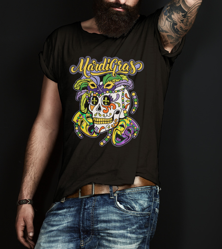 Mardi Gras Sugar Skull With Beads And Mask T-Shirt