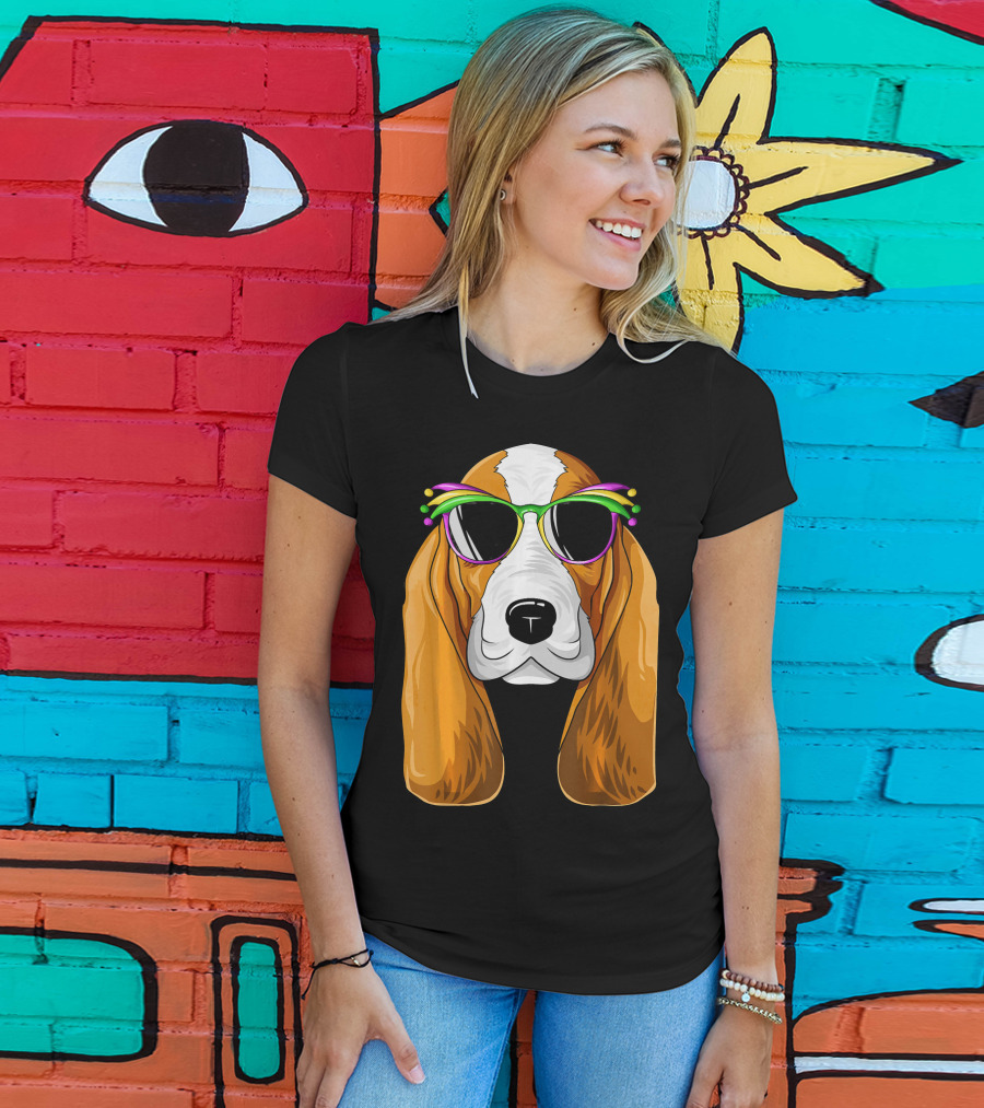 Basset Hound With Mardi Gras Carnival Mask And Sunglasses T-Shirt