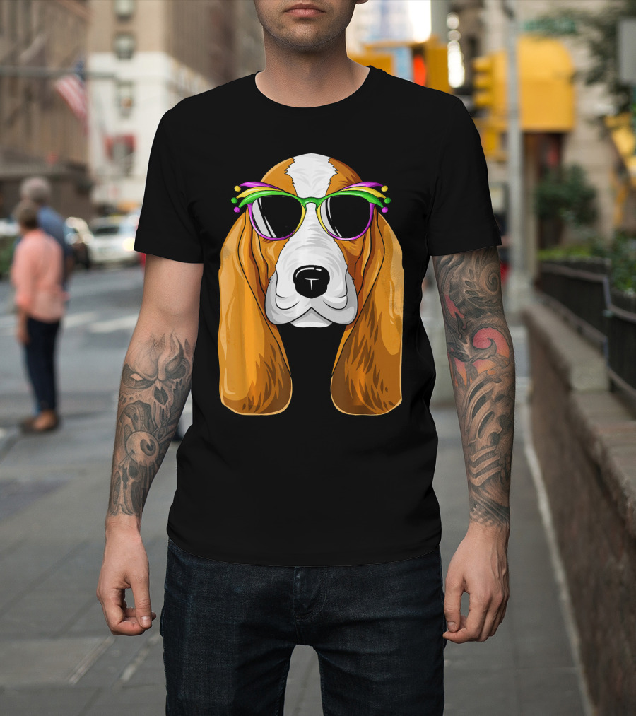 Basset Hound With Mardi Gras Carnival Mask And Sunglasses T-Shirt