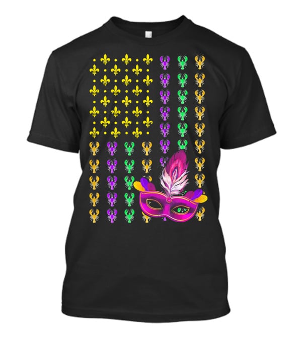 Crawfish Fleur-de-Lis Mardi Gras Mask American Flag T-Shirt