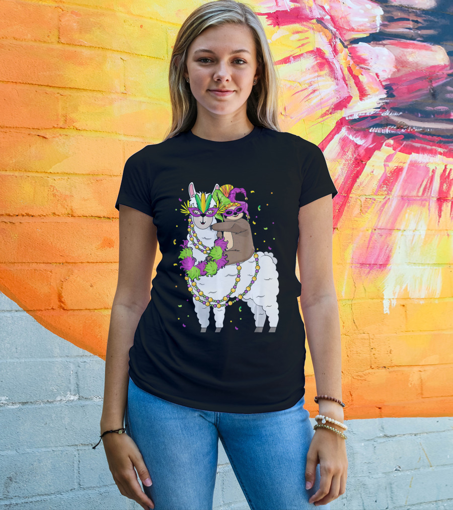 Llama Masked With Beads And Confetti Sloth Mardi Gras T-Shirt