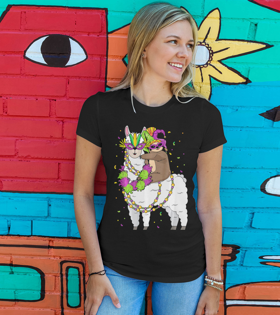 Llama Masked With Beads And Confetti Sloth Mardi Gras T-Shirt