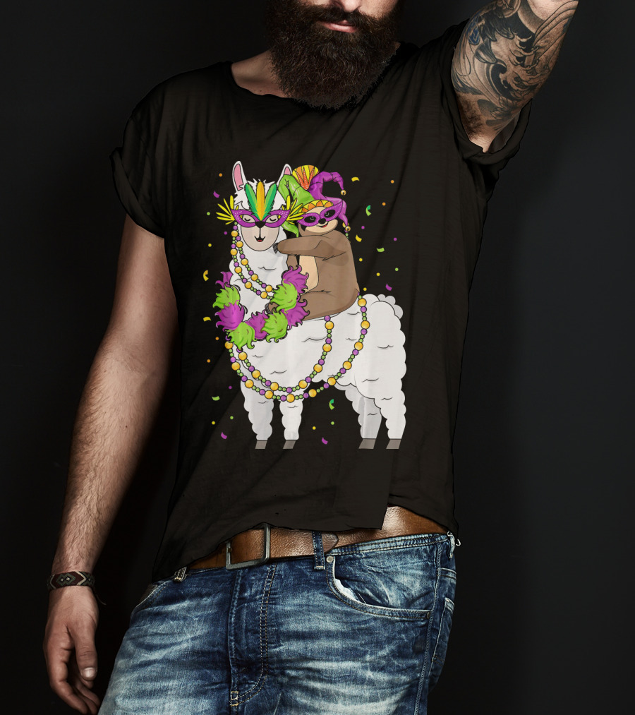 Llama Masked With Beads And Confetti Sloth Mardi Gras T-Shirt
