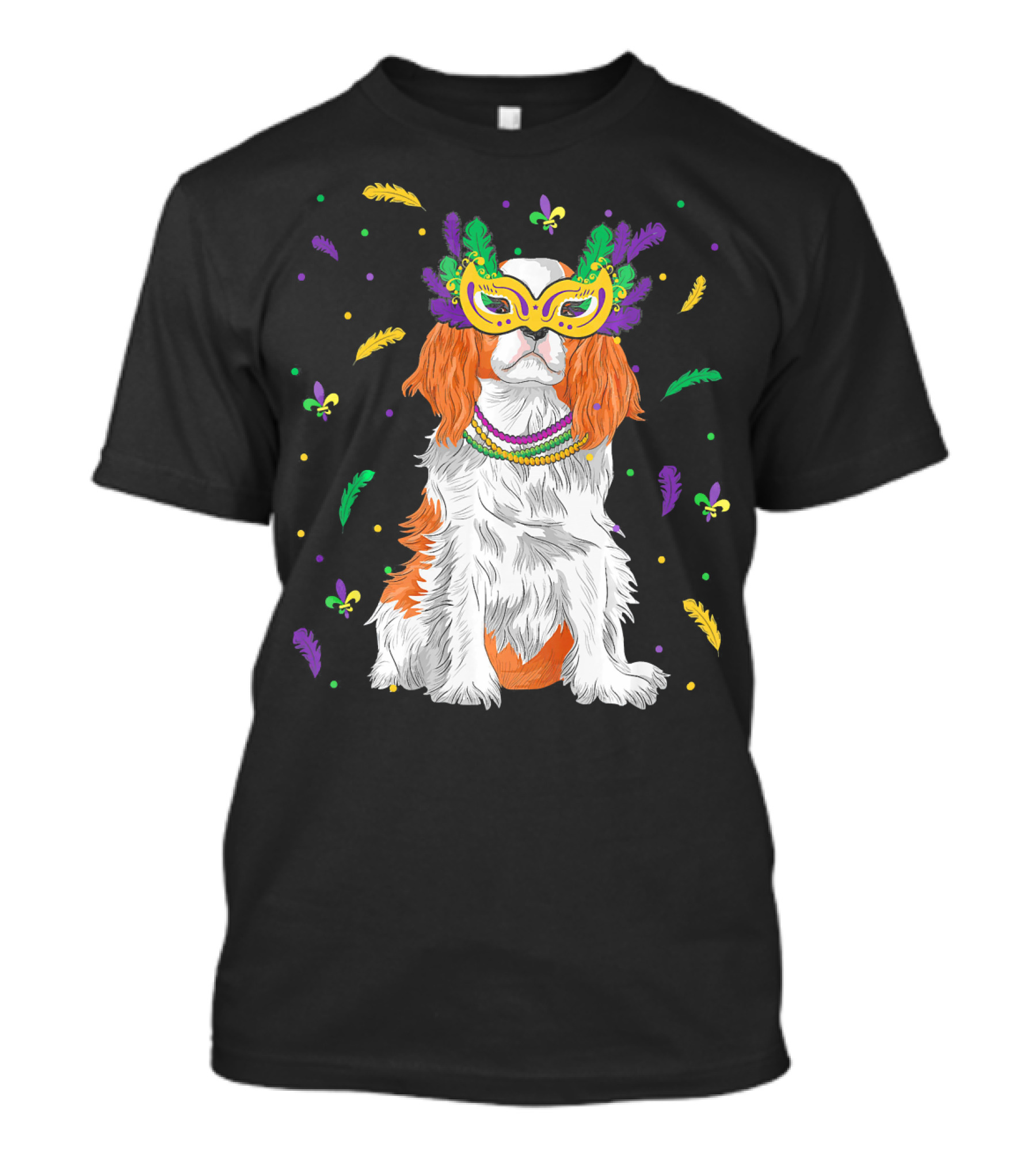 Cavalier King Charles Spaniel Mardi Gras Mask Beads Feathers Fleur-de-lis T-Shirt