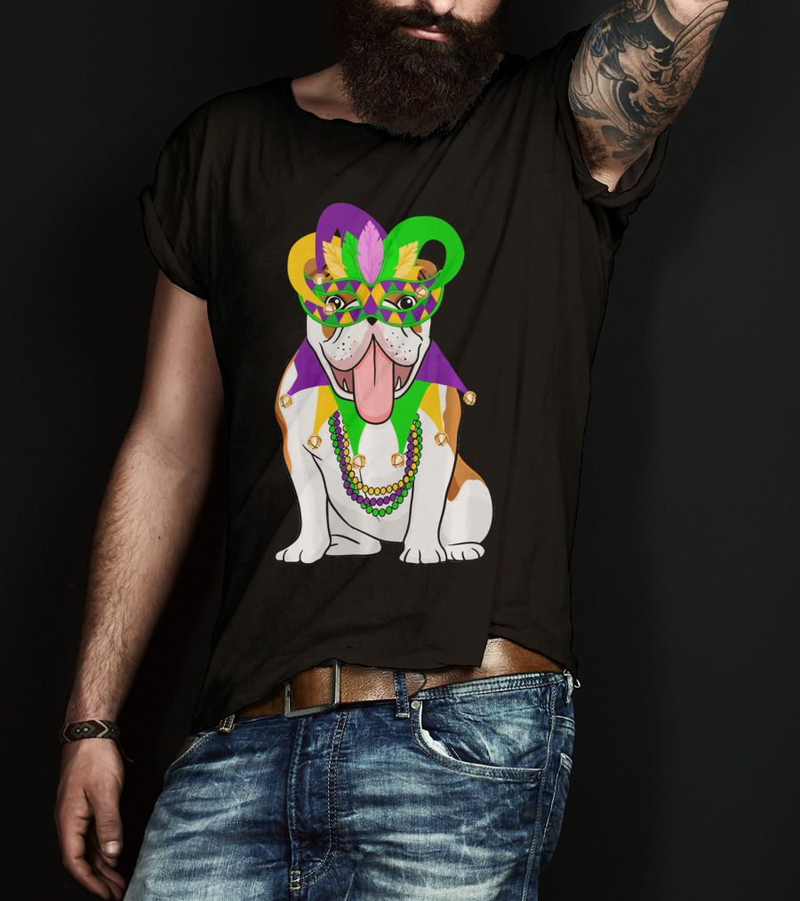 Mardi Gras English Bulldog Mask Beads Costume T-Shirt