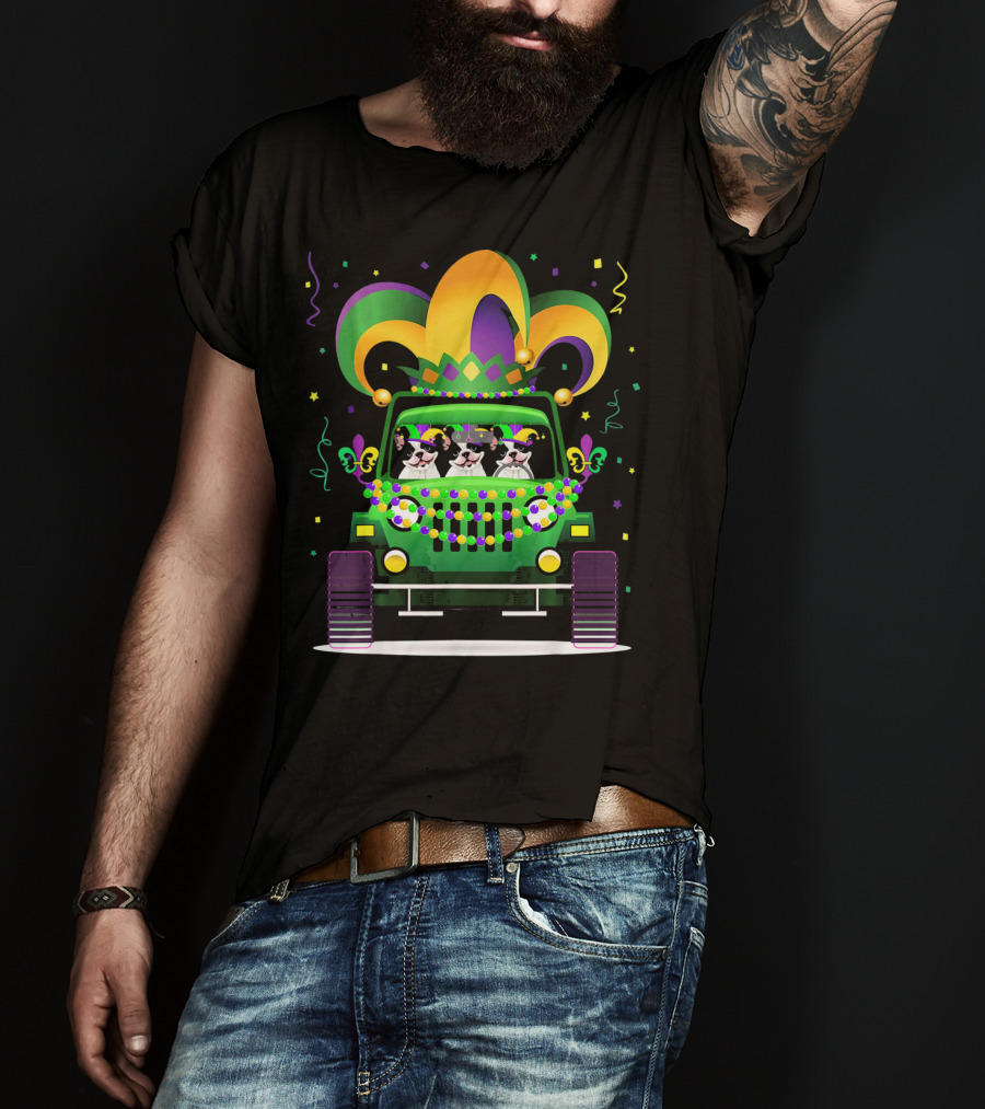 French Bulldog Jeep Mardi Gras Celebration With Colorful Beads And Jester Hat T-Shirt