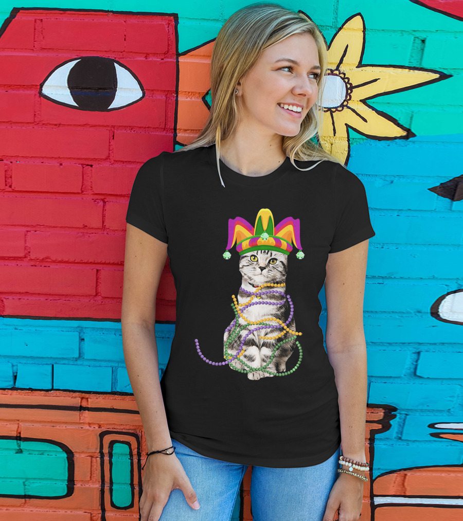 Mardi Gras Cat With Jester Hat And Beads Costume Kitte T-Shirt