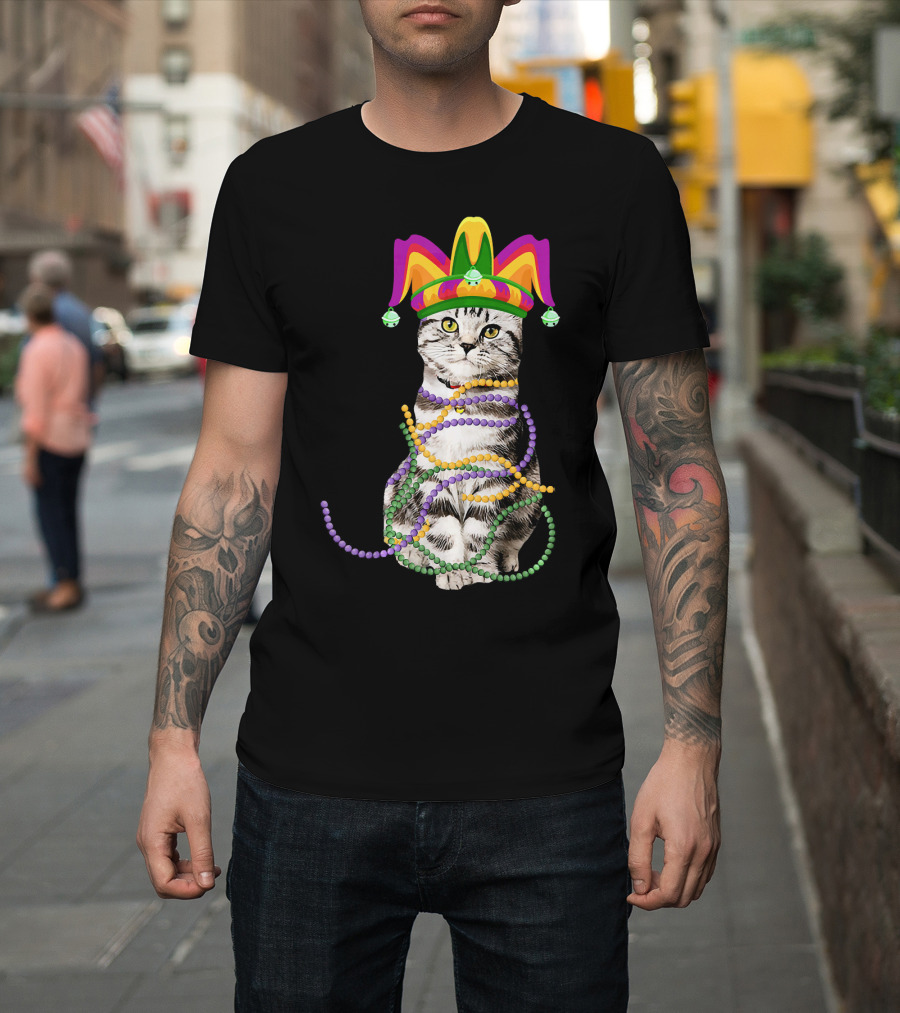 Mardi Gras Cat With Jester Hat And Beads Costume Kitte T-Shirt