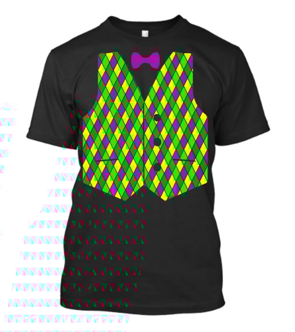 Mardi Gras Vest Harlequin Pattern Diamond Print Bowtie T-Shirt