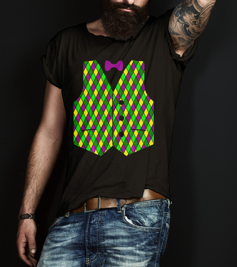 Mardi Gras Vest Harlequin Pattern Diamond Print Bowtie T-Shirt