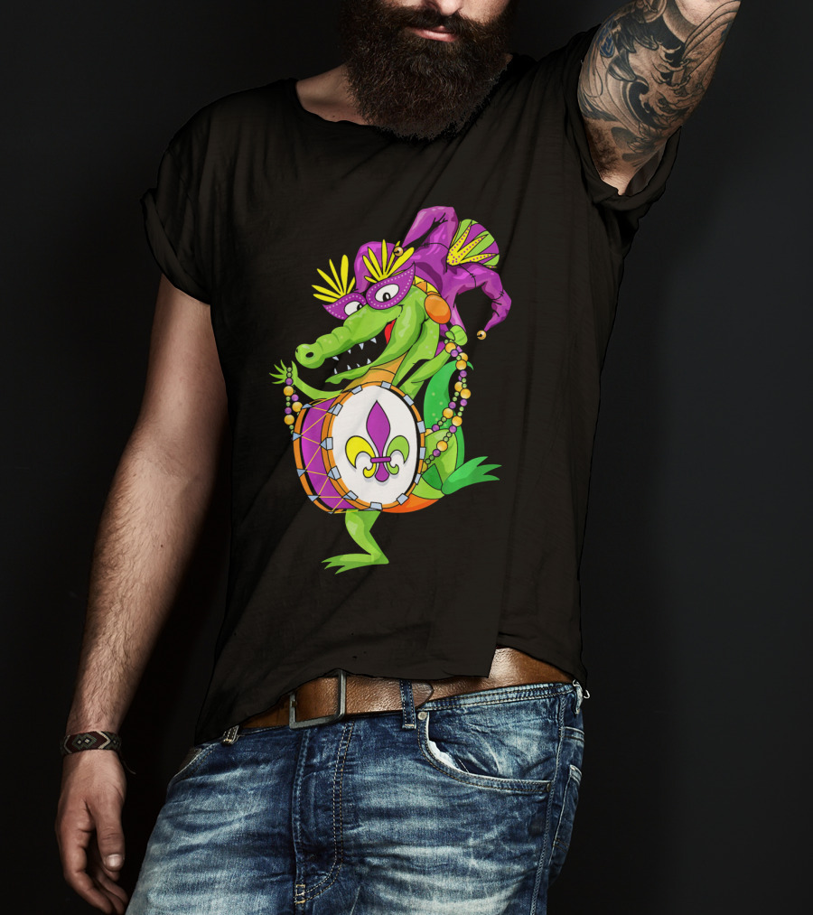 Cute Mardi Gras Alligator Jester Hat Drum Beads Fleur-de-Lis T-Shirt