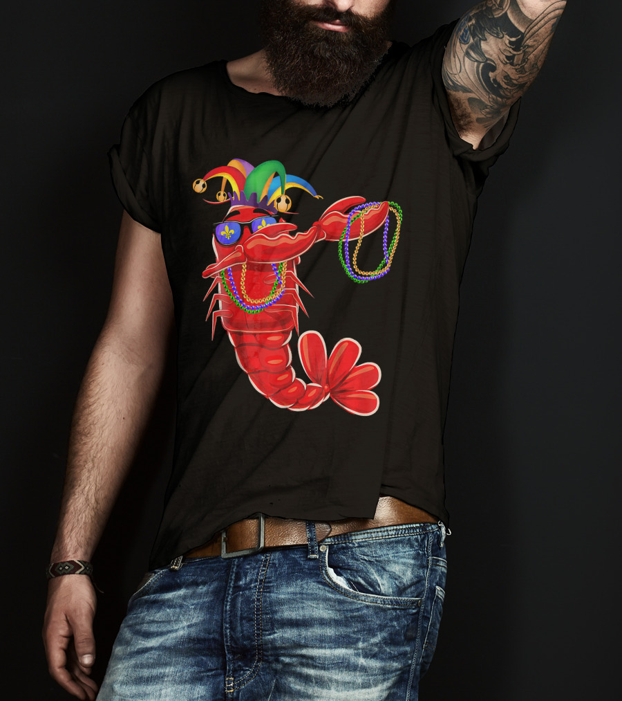 Mardi Gras Lobster Dabbing With Colorful Beads And Jester Hat T-Shirt