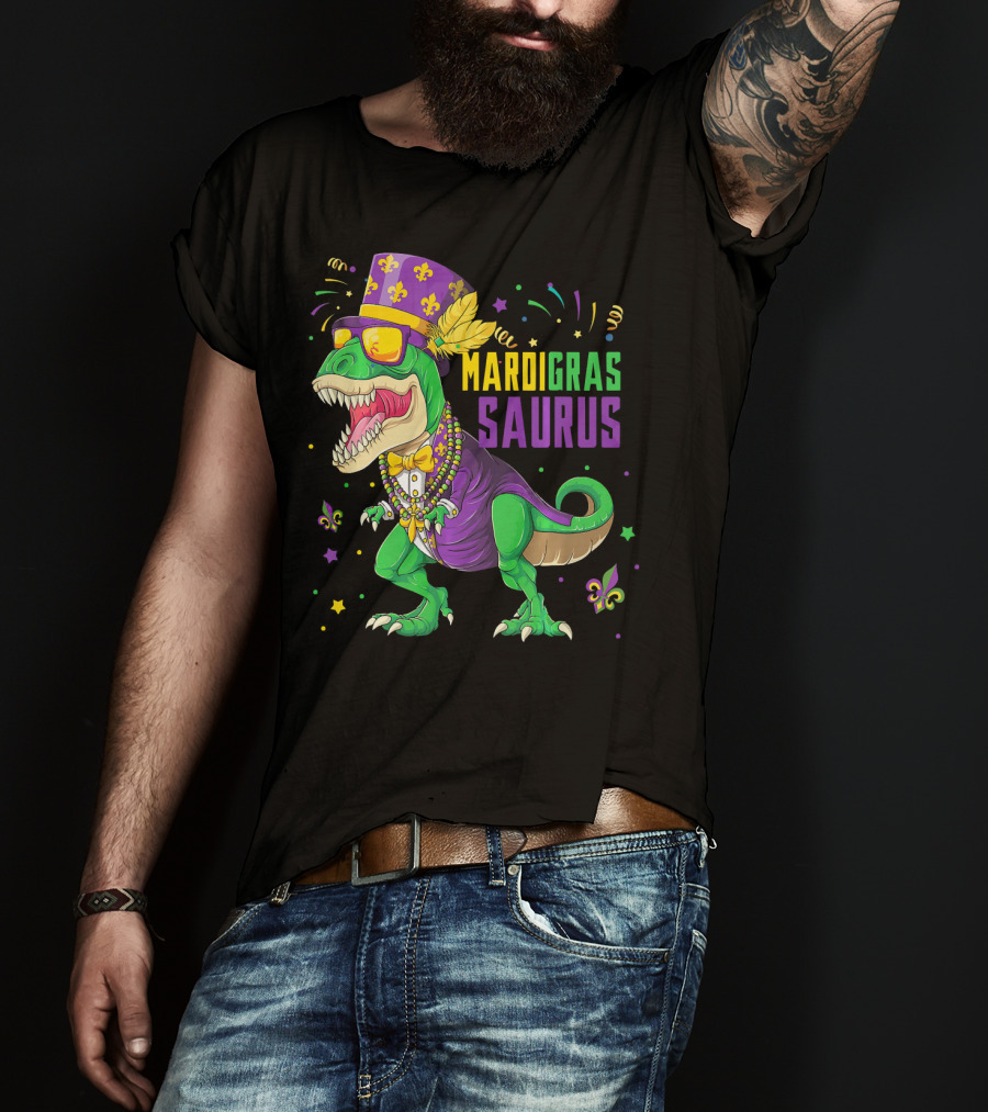 Mardi Gras Saurus T Rex Dinosaur Jester Kids T-Shirt