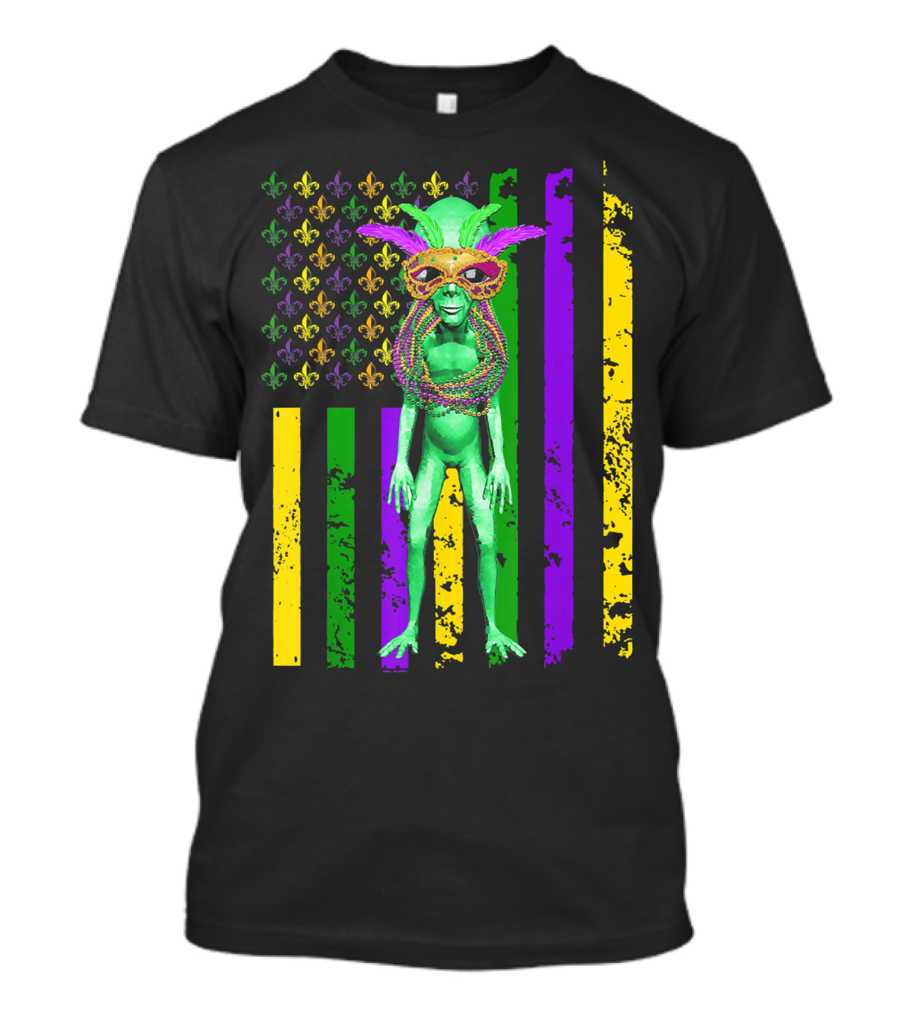 Mardi Gras Alien With Beads And Mask On American Flag T-Shirt