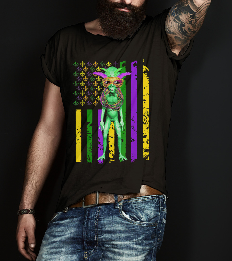 Mardi Gras Alien With Beads And Mask On American Flag T-Shirt