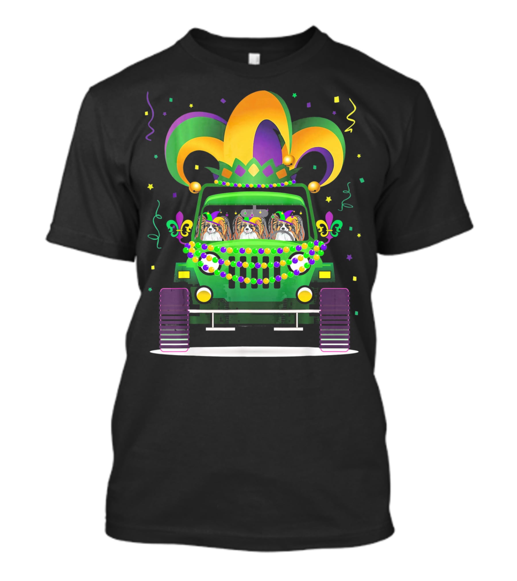 Papillon Dogs In Festive Mardi Gras Jeep Parade T-Shirt