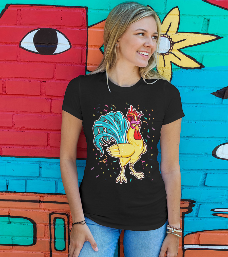 Chicken Mardi Gras Carnival Rooster With Colorful Feathers And Confetti T-Shirt