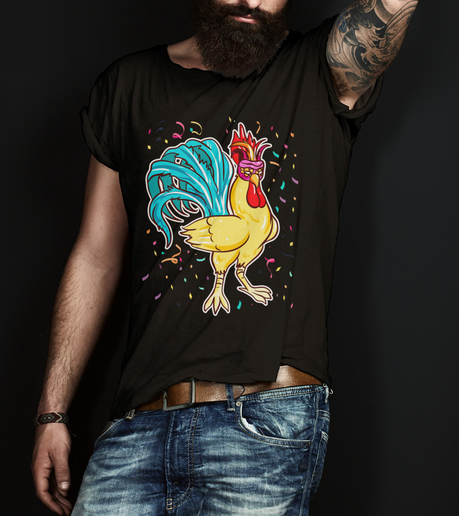 Chicken Mardi Gras Carnival Rooster With Colorful Feathers And Confetti T-Shirt