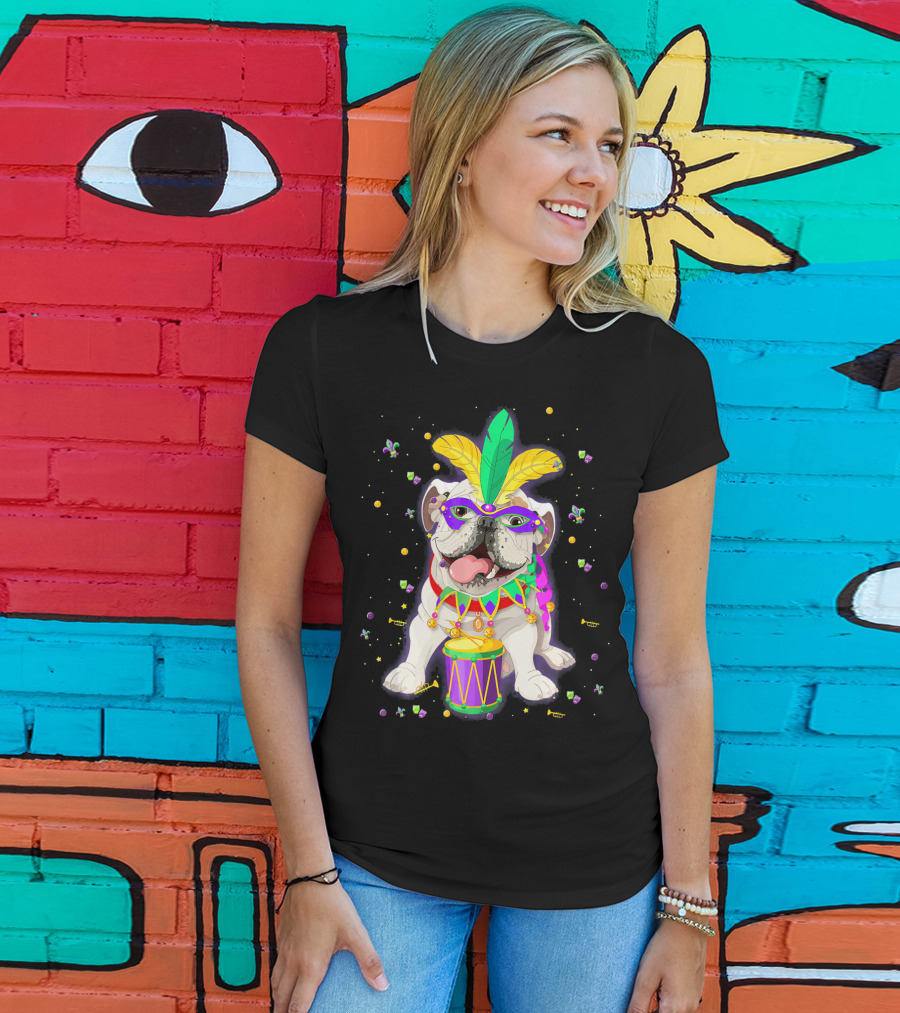 Mardi Gras Bulldog With Mask Beads And Drum T-Shirt