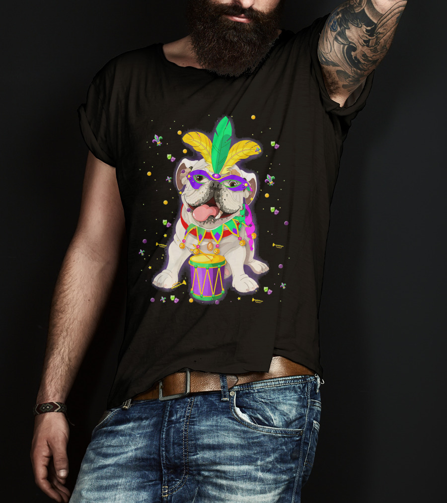 Mardi Gras Bulldog With Mask Beads And Drum T-Shirt