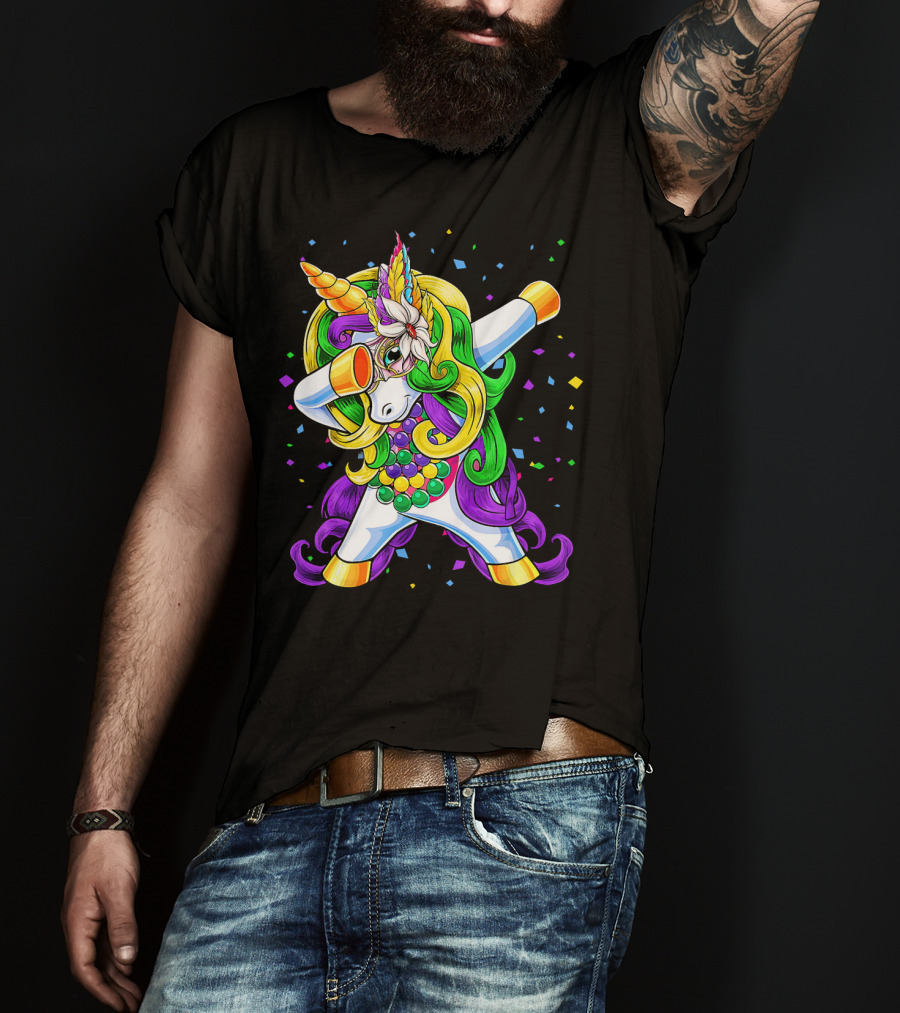 Dabbing Unicorn Mardi Gras Beads With Colorful Confetti T-Shirt