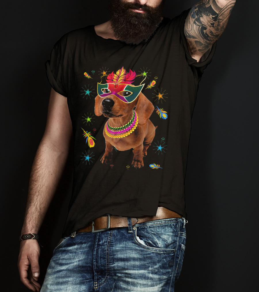 Dachshund Wearing Mardi Gras Mask And Colorful Beads Surrounded By Festive Stars And Feathers T-Shirt