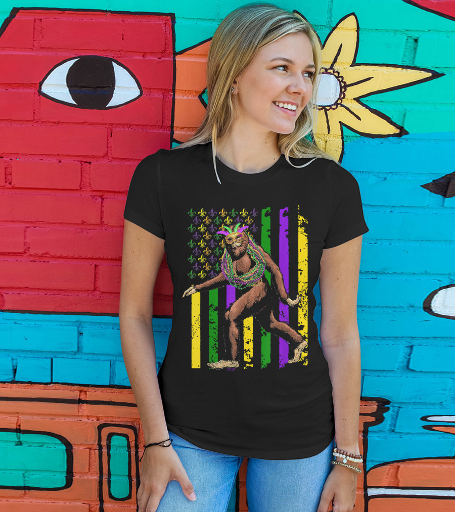 Bigfoot Mardi Gras Beads Fleur-de-Lis American Flag Stripes T-Shirt