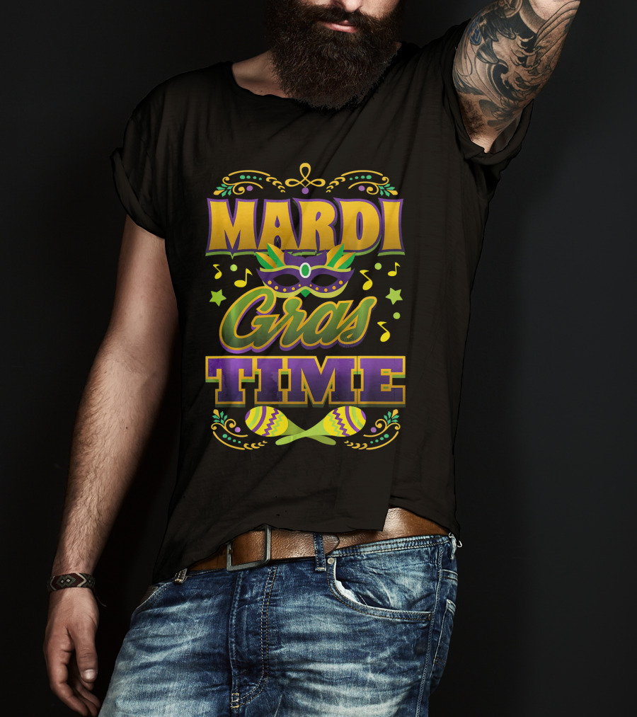 Mardi Gras Time Mask Music Notes Maracas T-Shirt