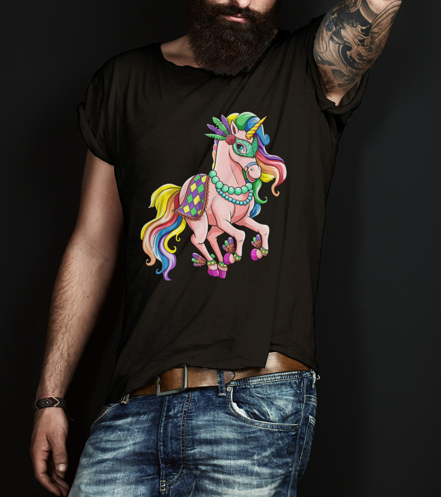 Kids Mardi Gras Unicorn With Colorful Mask And Beads T-Shirt