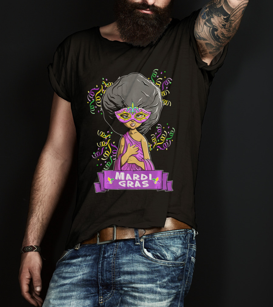 Mardi Gras Woman In Mask With Afro And Purple Dress T-Shirt