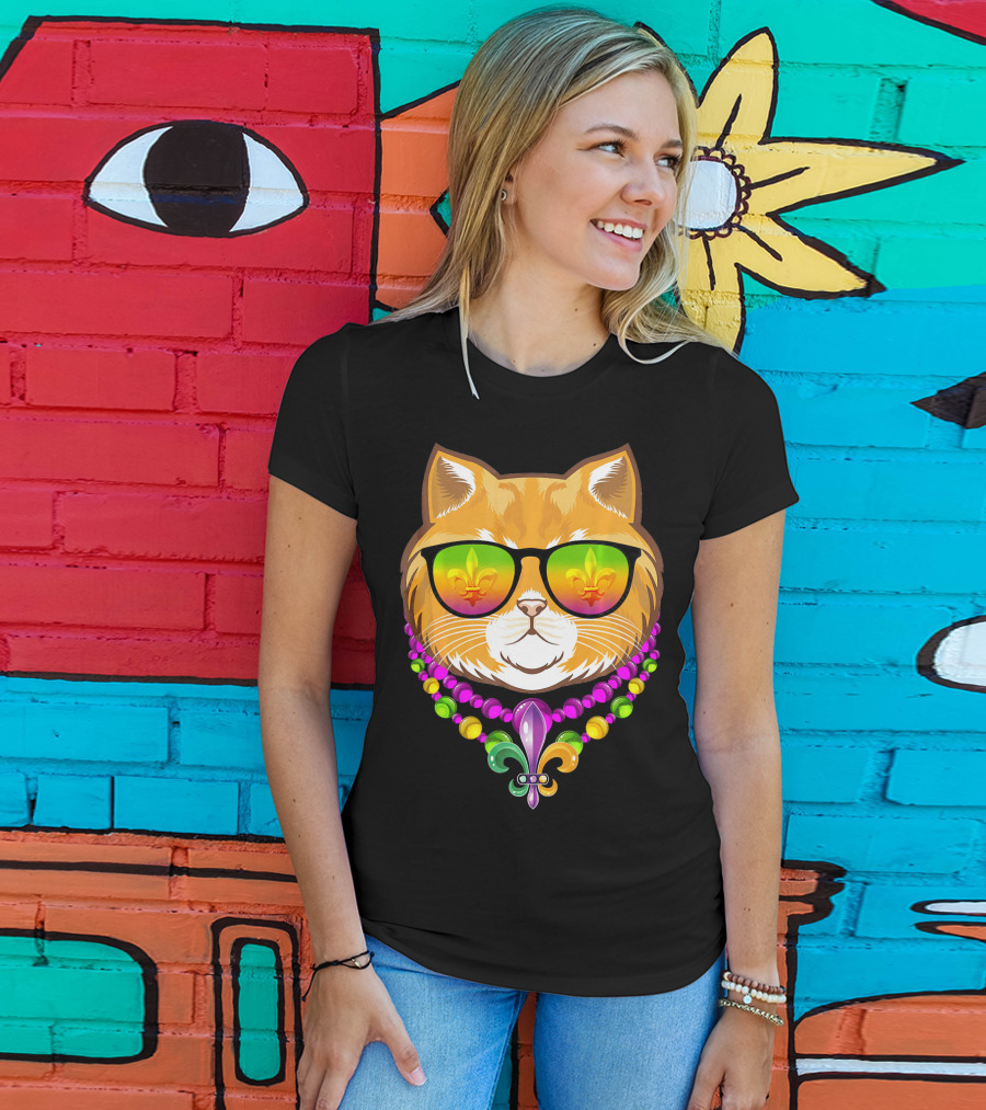 Mardi Gras Cat With Beads And Fleur-de-Lis Sunglasses T-Shirt