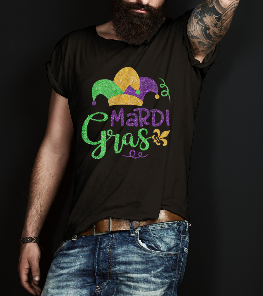 Mardi Gras Jester Hat Glitter Design Fleur-de-Lis T-Shirt
