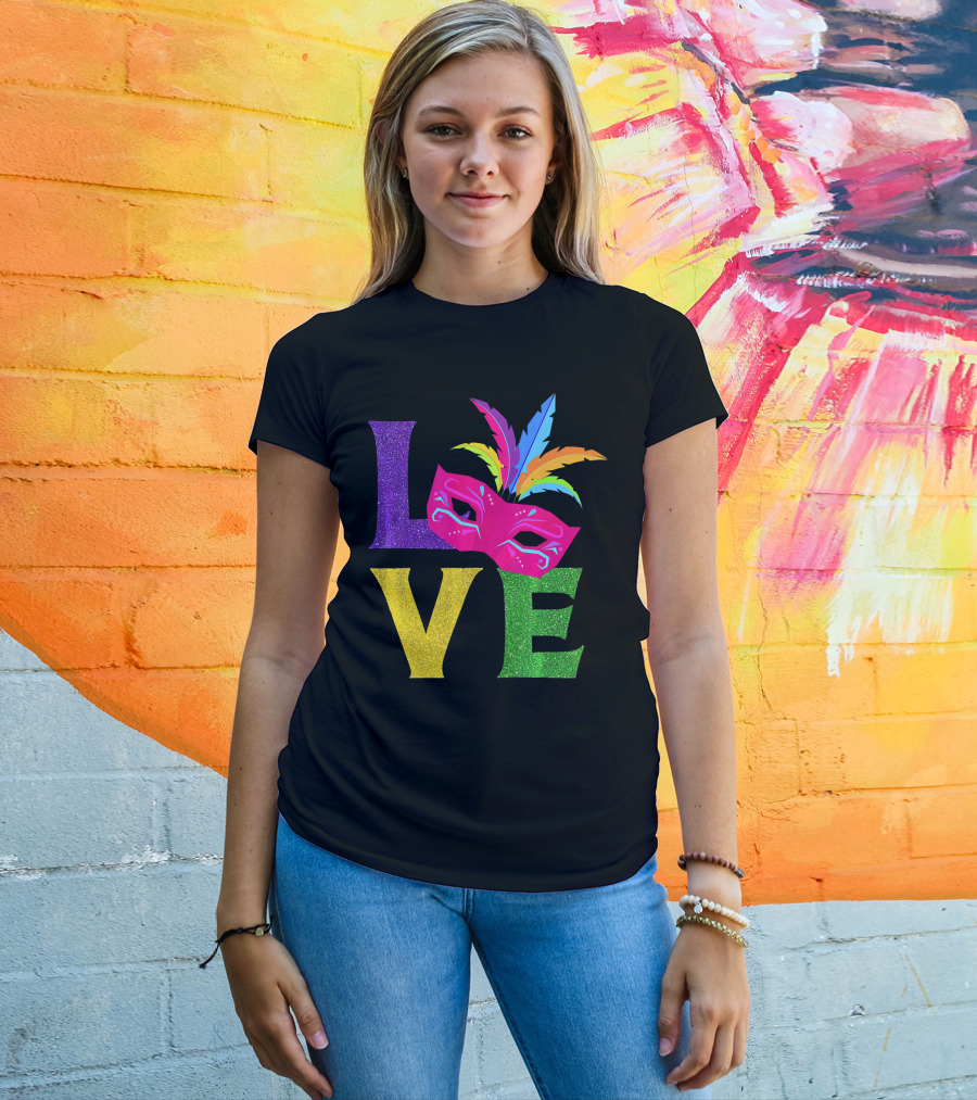 Love Colorful Carnival Feathered Mask Party T-Shirt