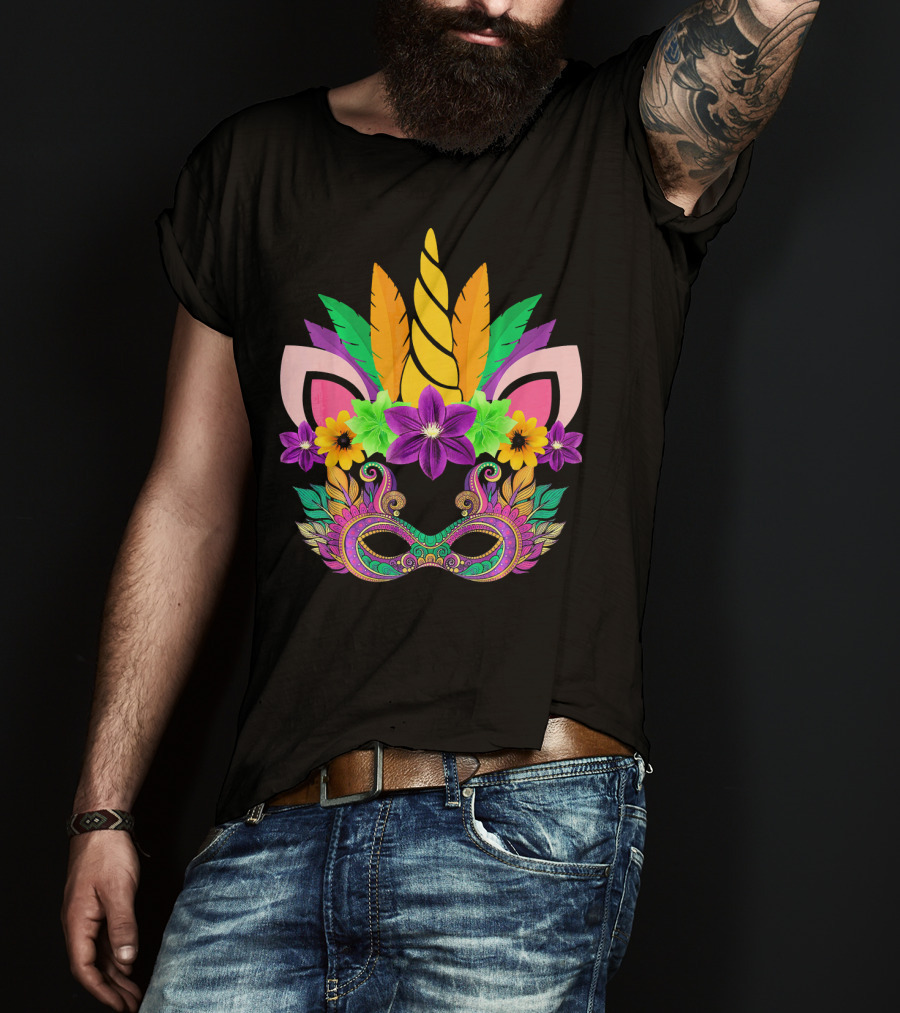 Mardi Gras Unicorn Mask With Flowers And Feathers T-Shirt