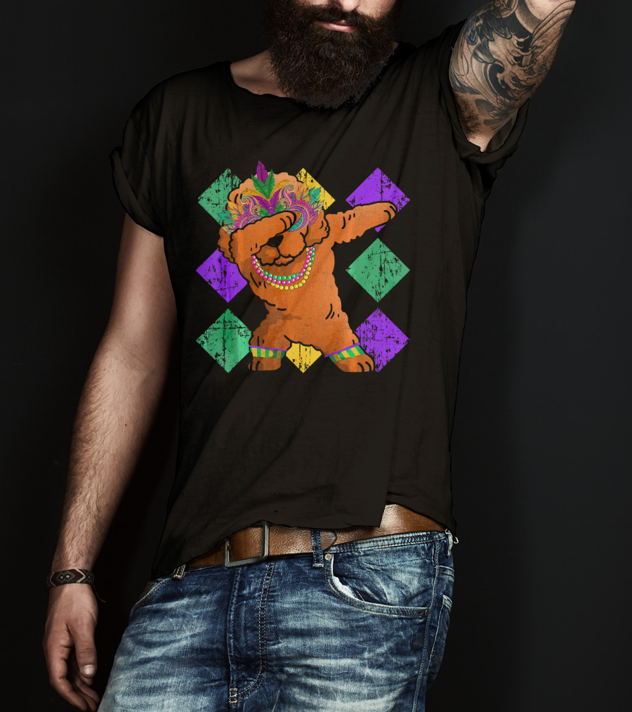Poodle Dabbing With Colorful Mardi Gras Beads And Feather Mask T-Shirt