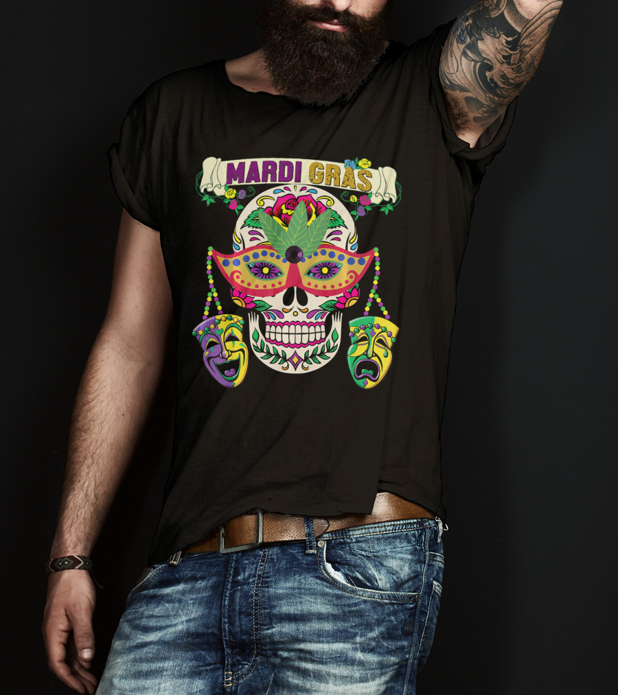 MARDI GRAS Skull Mask Comedy Tragedy New Orlea T-Shirt