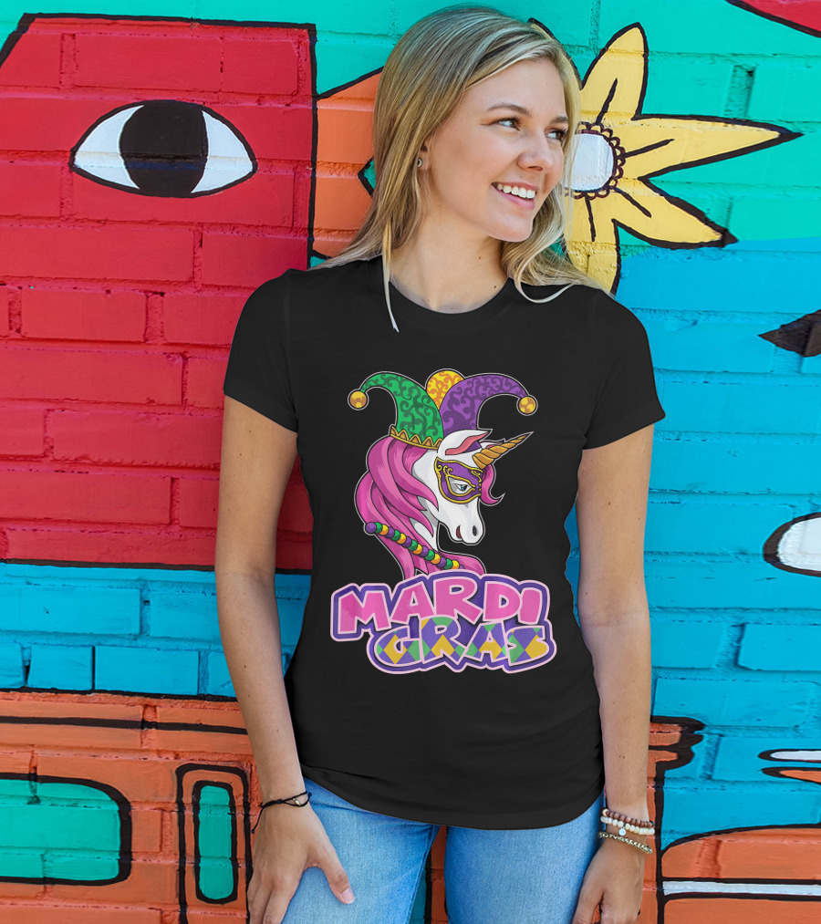 Mardi Gras Unicorn Jester Mask Carnival Lover T-Shirt