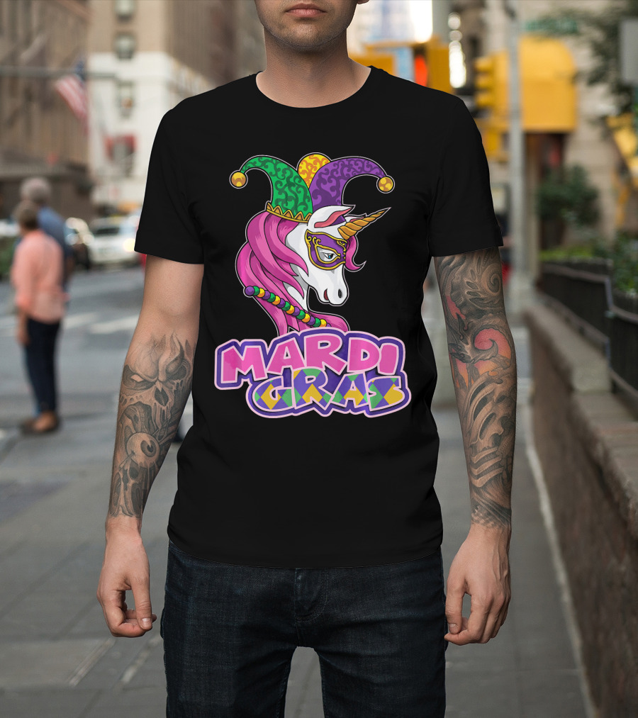 Mardi Gras Unicorn Jester Mask Carnival Lover T-Shirt