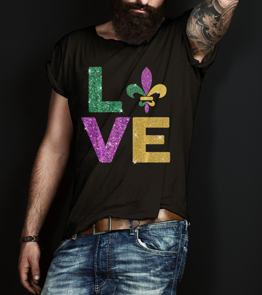 LOVE Mardi Gras Carnival Fleur-de-Lis Glitter T-Shirt