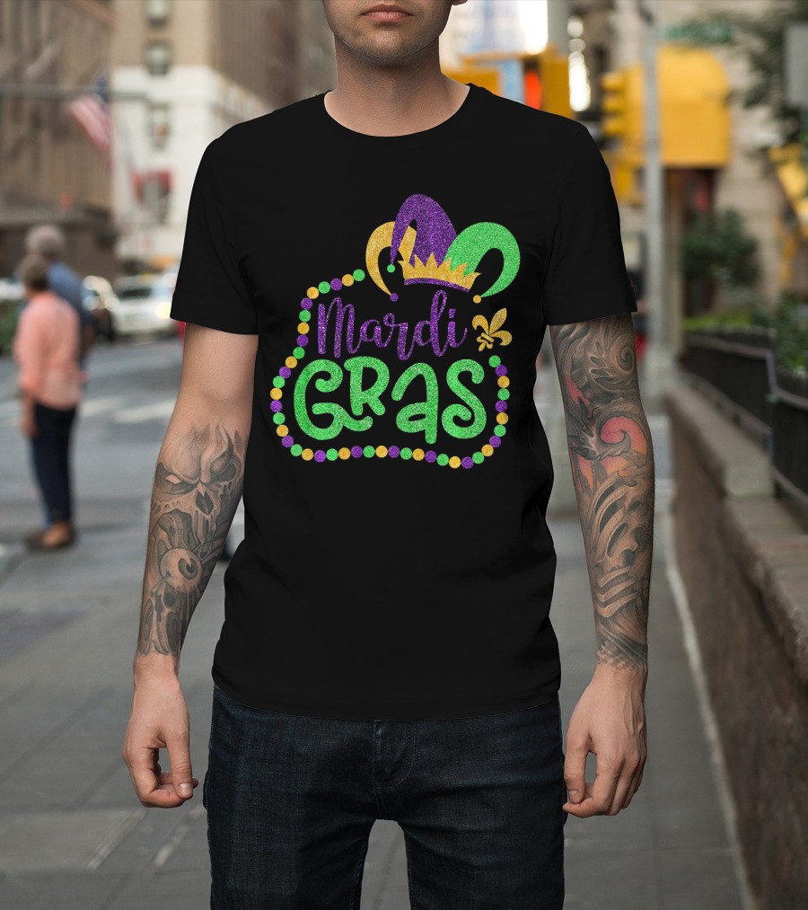 Mardi Gras Glitter Jester Hat Fleur De Lis T-Shirt