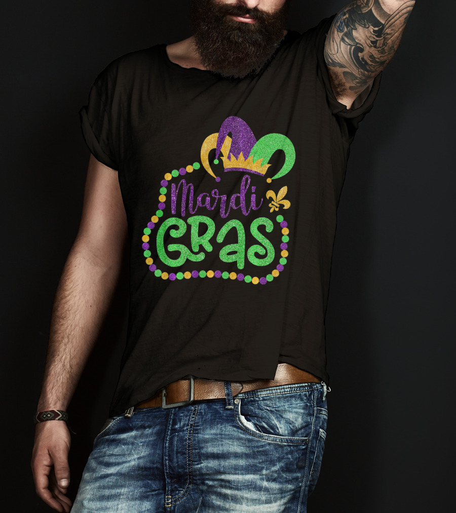 Mardi Gras Glitter Jester Hat Fleur De Lis T-Shirt