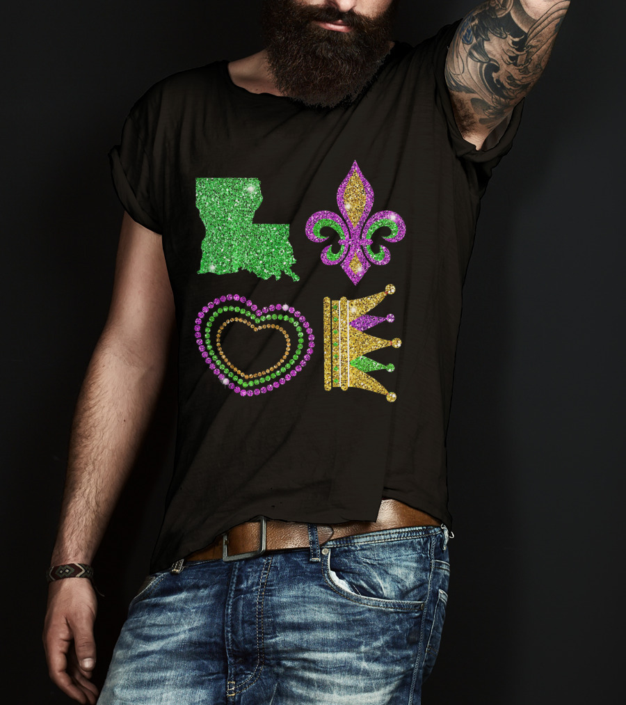 Love Mardi Gras Funny New Orleans Mardi Louisiana Glitter Fleur-de-Lis Heart Crown T-Shirt